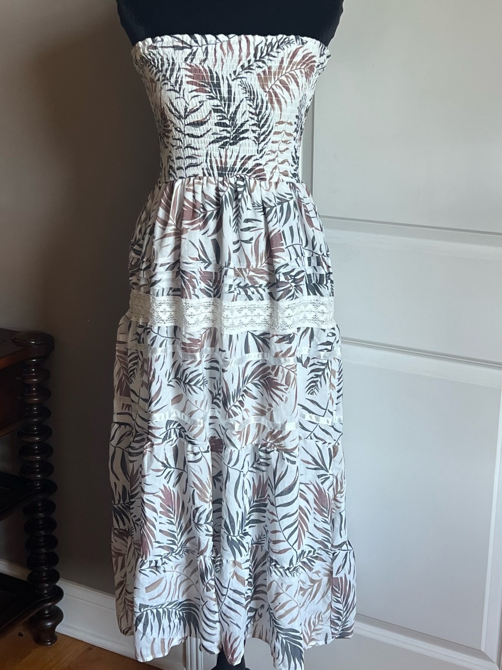Strapless White, Gray, and Brown Leaf-Print Maxi Dress with Lace Trim